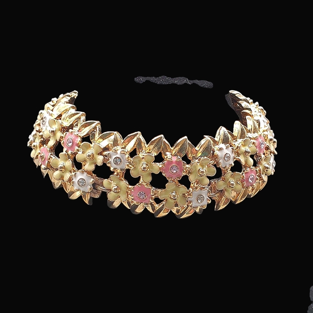 Vintage Monet Signed Pastel Enamel Flower Link Bracelet Gold W Rhinestones